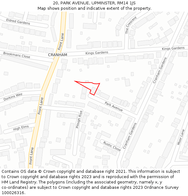 20, PARK AVENUE, UPMINSTER, RM14 1JS: Location map and indicative extent of plot
