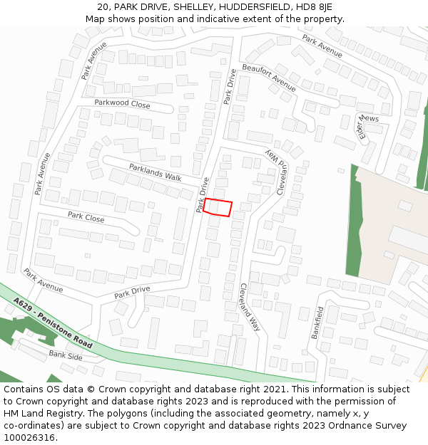 20, PARK DRIVE, SHELLEY, HUDDERSFIELD, HD8 8JE: Location map and indicative extent of plot