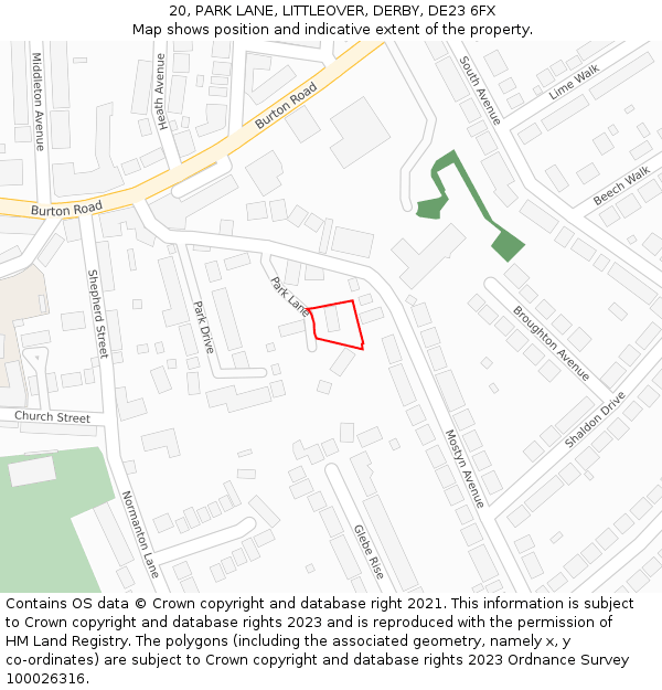 20, PARK LANE, LITTLEOVER, DERBY, DE23 6FX: Location map and indicative extent of plot