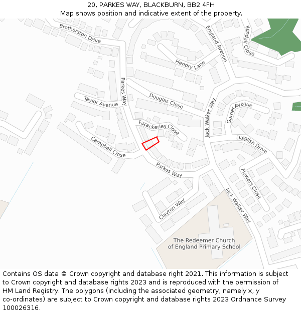 20, PARKES WAY, BLACKBURN, BB2 4FH: Location map and indicative extent of plot