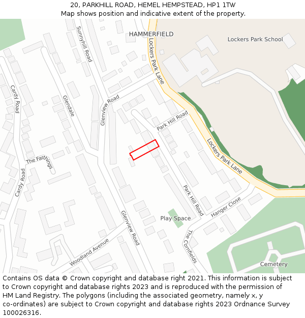 20, PARKHILL ROAD, HEMEL HEMPSTEAD, HP1 1TW: Location map and indicative extent of plot