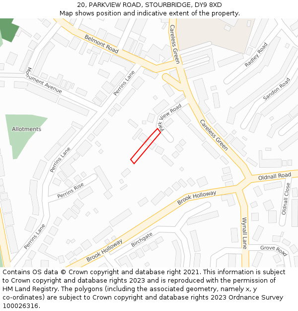 20, PARKVIEW ROAD, STOURBRIDGE, DY9 8XD: Location map and indicative extent of plot