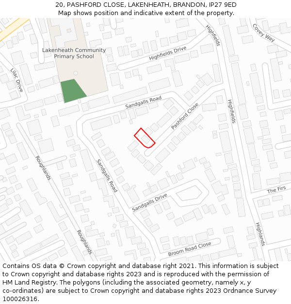 20, PASHFORD CLOSE, LAKENHEATH, BRANDON, IP27 9ED: Location map and indicative extent of plot