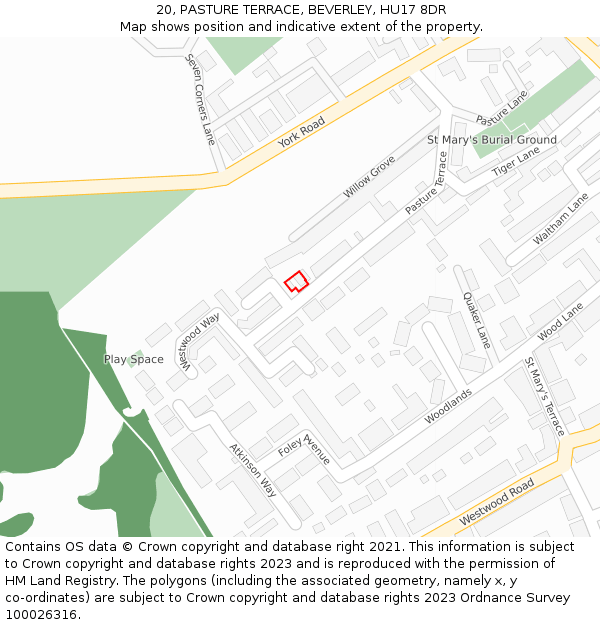 20, PASTURE TERRACE, BEVERLEY, HU17 8DR: Location map and indicative extent of plot