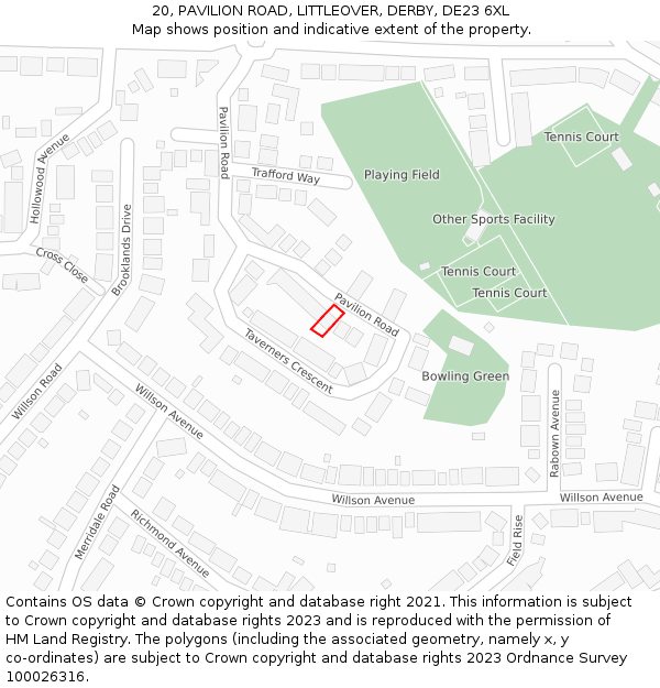 20, PAVILION ROAD, LITTLEOVER, DERBY, DE23 6XL: Location map and indicative extent of plot