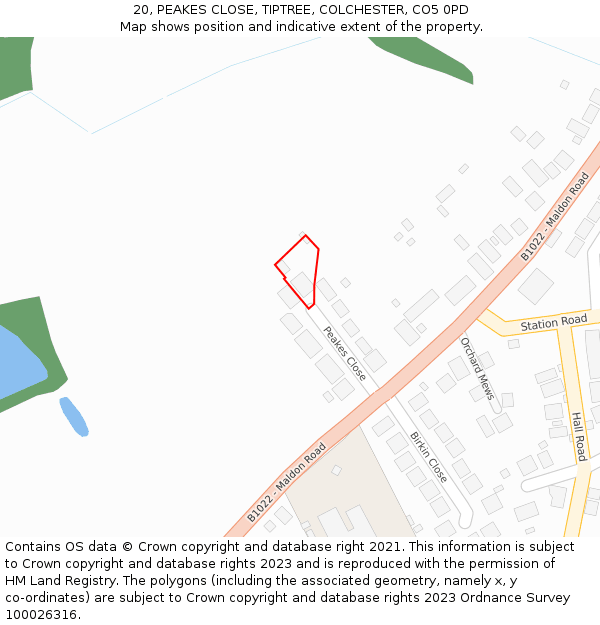 20, PEAKES CLOSE, TIPTREE, COLCHESTER, CO5 0PD: Location map and indicative extent of plot
