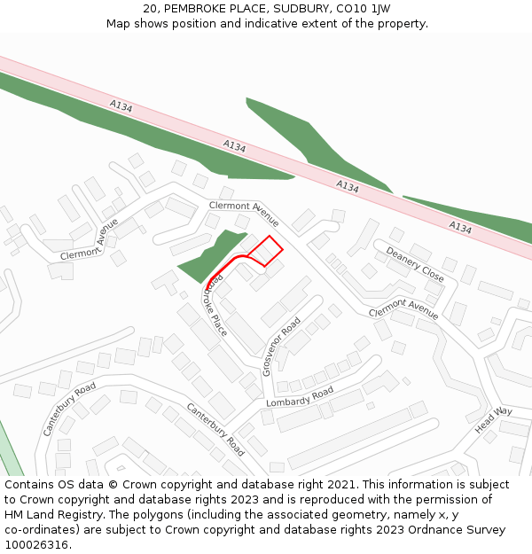 20, PEMBROKE PLACE, SUDBURY, CO10 1JW: Location map and indicative extent of plot