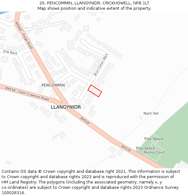 20, PENCOMMIN, LLANGYNIDR, CRICKHOWELL, NP8 1LT: Location map and indicative extent of plot