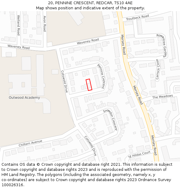 20, PENNINE CRESCENT, REDCAR, TS10 4AE: Location map and indicative extent of plot