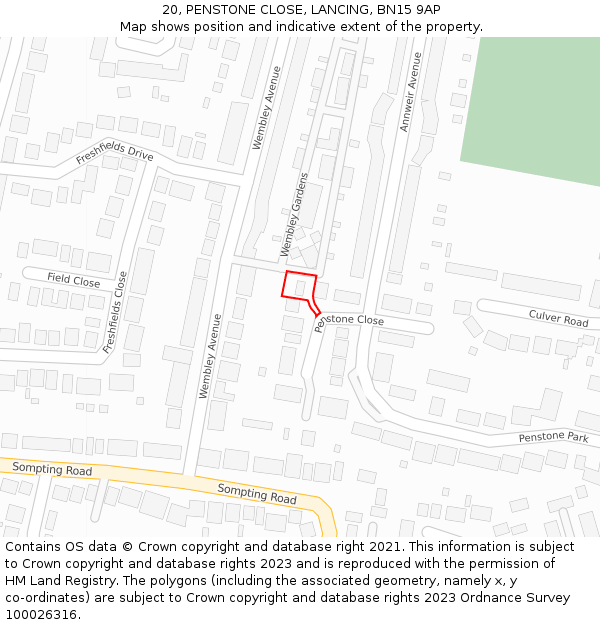 20, PENSTONE CLOSE, LANCING, BN15 9AP: Location map and indicative extent of plot