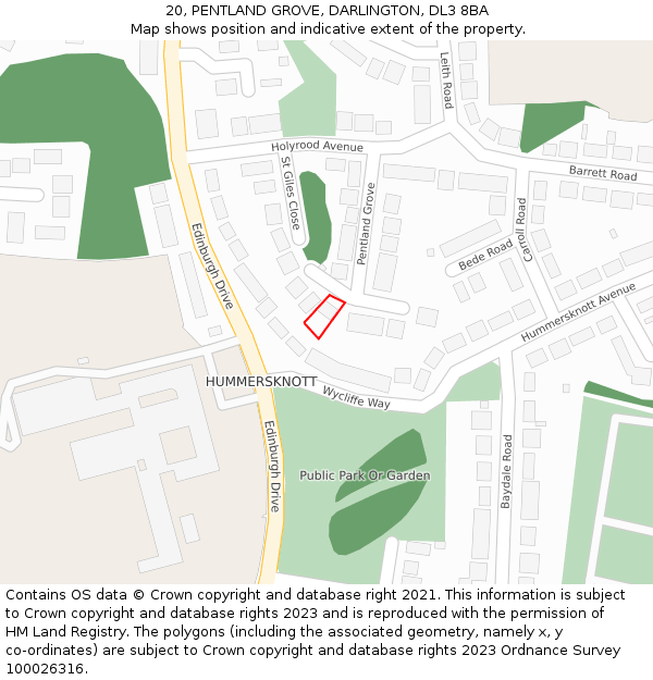 20, PENTLAND GROVE, DARLINGTON, DL3 8BA: Location map and indicative extent of plot