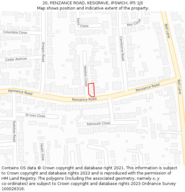 20, PENZANCE ROAD, KESGRAVE, IPSWICH, IP5 1JS: Location map and indicative extent of plot