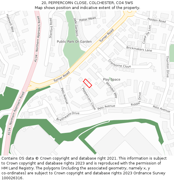 20, PEPPERCORN CLOSE, COLCHESTER, CO4 5WS: Location map and indicative extent of plot