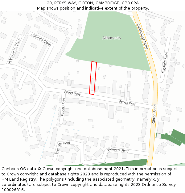 20, PEPYS WAY, GIRTON, CAMBRIDGE, CB3 0PA: Location map and indicative extent of plot