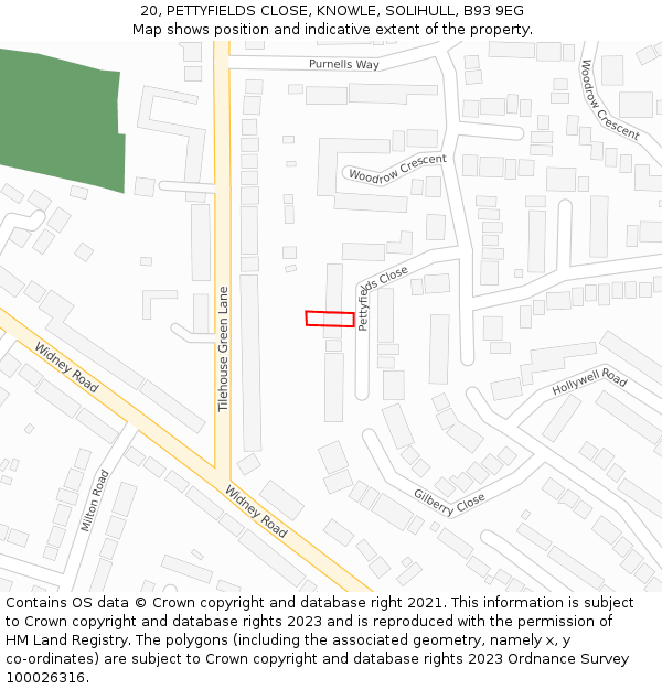 20, PETTYFIELDS CLOSE, KNOWLE, SOLIHULL, B93 9EG: Location map and indicative extent of plot