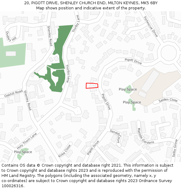 20, PIGOTT DRIVE, SHENLEY CHURCH END, MILTON KEYNES, MK5 6BY: Location map and indicative extent of plot