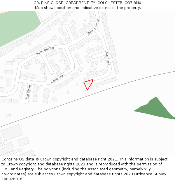 20, PINE CLOSE, GREAT BENTLEY, COLCHESTER, CO7 8NX: Location map and indicative extent of plot