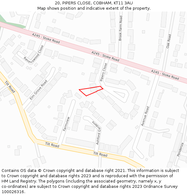 20, PIPERS CLOSE, COBHAM, KT11 3AU: Location map and indicative extent of plot