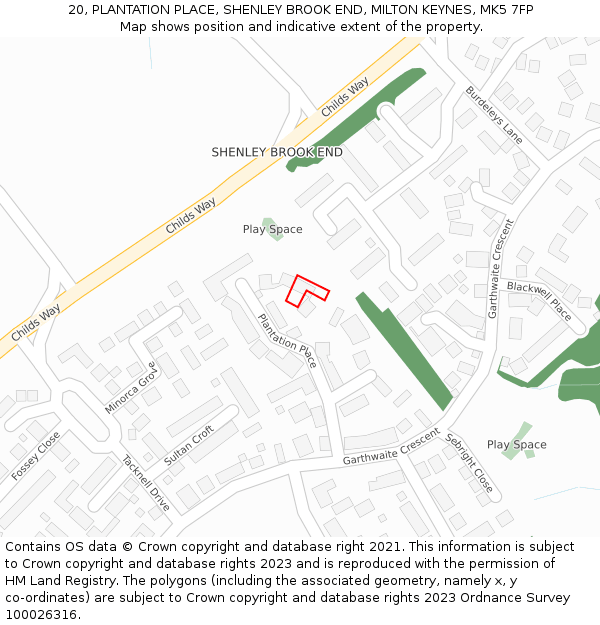 20, PLANTATION PLACE, SHENLEY BROOK END, MILTON KEYNES, MK5 7FP: Location map and indicative extent of plot