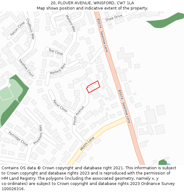 20, PLOVER AVENUE, WINSFORD, CW7 1LA: Location map and indicative extent of plot