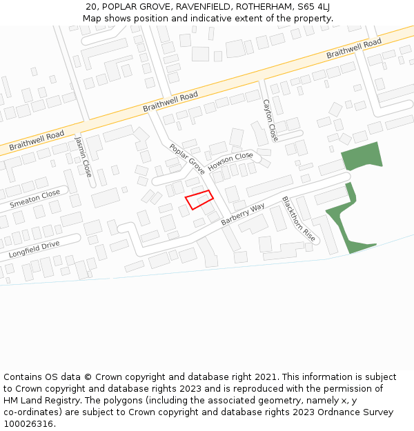 20, POPLAR GROVE, RAVENFIELD, ROTHERHAM, S65 4LJ: Location map and indicative extent of plot