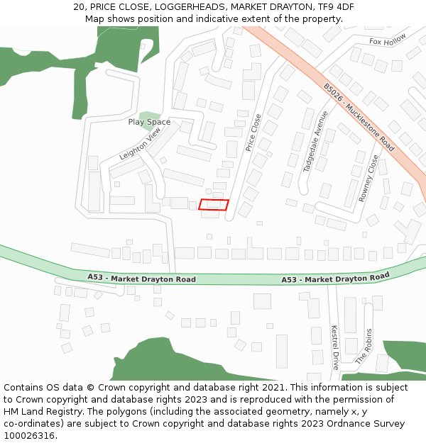 20, PRICE CLOSE, LOGGERHEADS, MARKET DRAYTON, TF9 4DF: Location map and indicative extent of plot