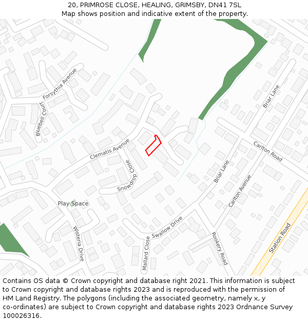 20, PRIMROSE CLOSE, HEALING, GRIMSBY, DN41 7SL: Location map and indicative extent of plot