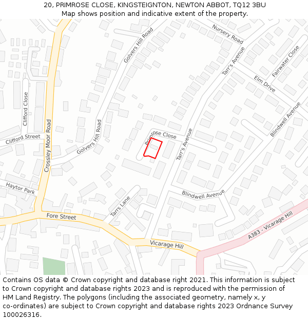 20, PRIMROSE CLOSE, KINGSTEIGNTON, NEWTON ABBOT, TQ12 3BU: Location map and indicative extent of plot