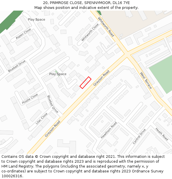 20, PRIMROSE CLOSE, SPENNYMOOR, DL16 7YE: Location map and indicative extent of plot