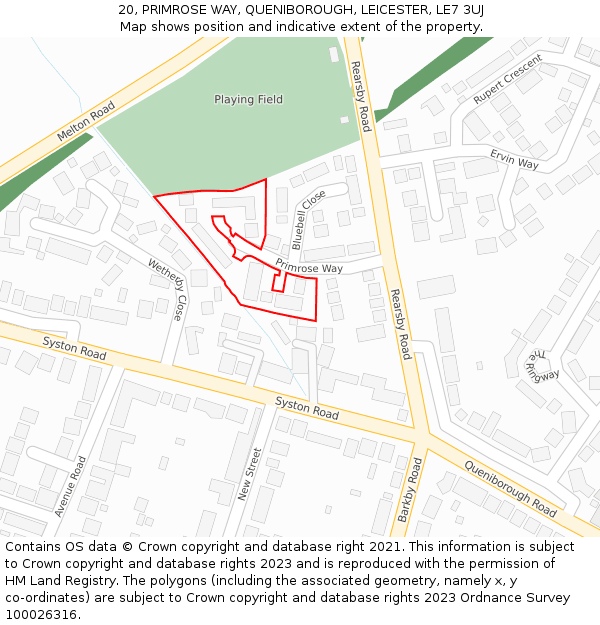 20, PRIMROSE WAY, QUENIBOROUGH, LEICESTER, LE7 3UJ: Location map and indicative extent of plot