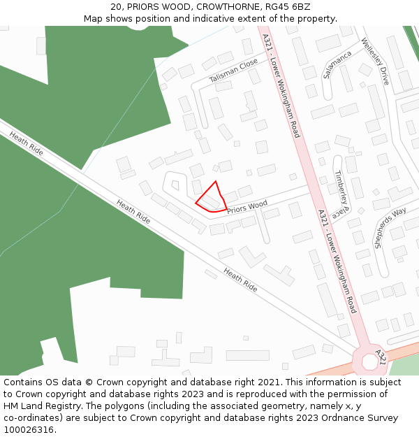 20, PRIORS WOOD, CROWTHORNE, RG45 6BZ: Location map and indicative extent of plot