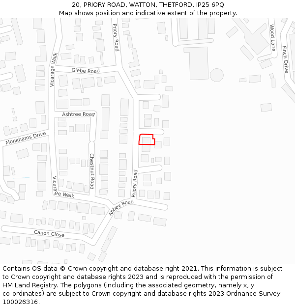 20, PRIORY ROAD, WATTON, THETFORD, IP25 6PQ: Location map and indicative extent of plot