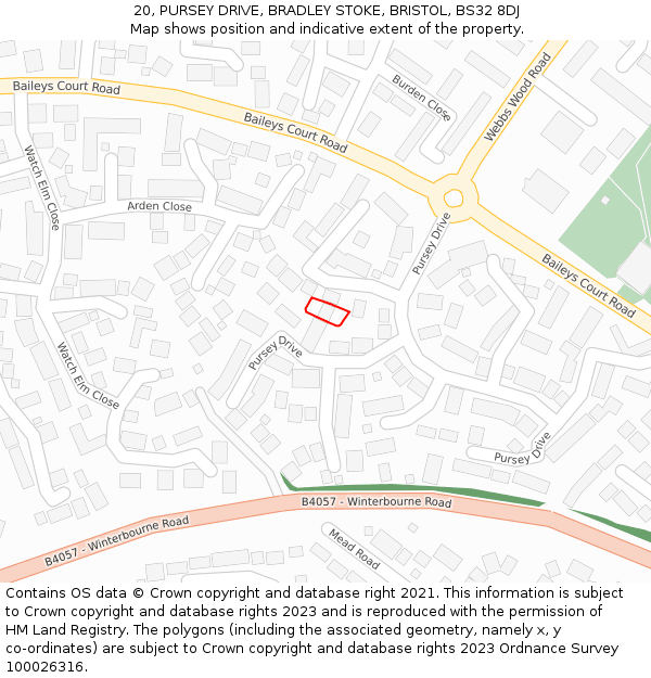 20, PURSEY DRIVE, BRADLEY STOKE, BRISTOL, BS32 8DJ: Location map and indicative extent of plot