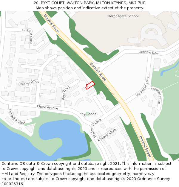 20, PYXE COURT, WALTON PARK, MILTON KEYNES, MK7 7HR: Location map and indicative extent of plot