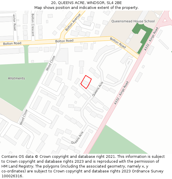 20, QUEENS ACRE, WINDSOR, SL4 2BE: Location map and indicative extent of plot