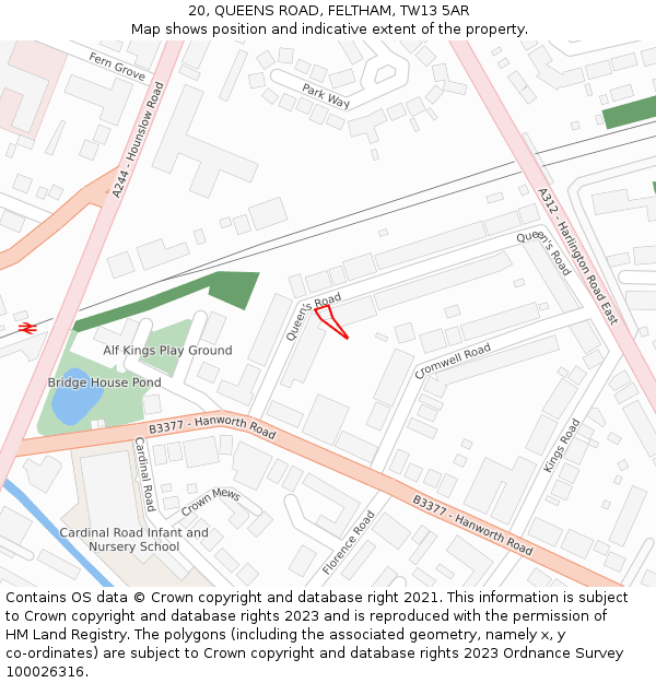 20, QUEENS ROAD, FELTHAM, TW13 5AR: Location map and indicative extent of plot