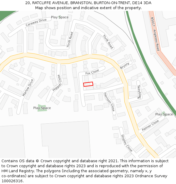 20, RATCLIFFE AVENUE, BRANSTON, BURTON-ON-TRENT, DE14 3DA: Location map and indicative extent of plot