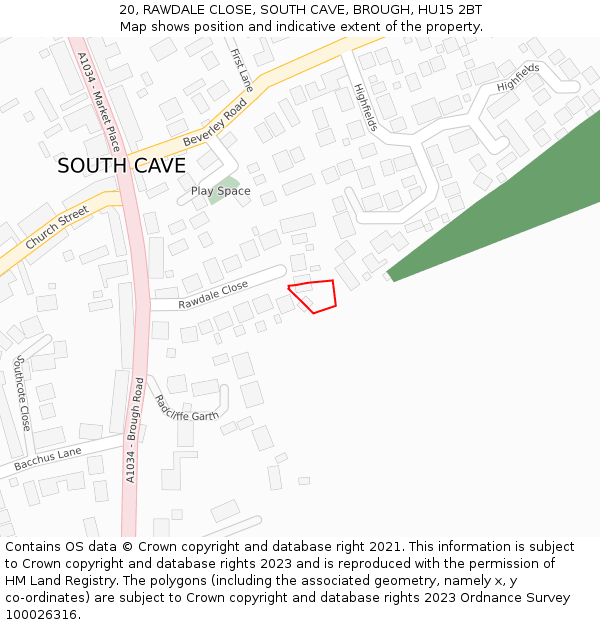 20, RAWDALE CLOSE, SOUTH CAVE, BROUGH, HU15 2BT: Location map and indicative extent of plot