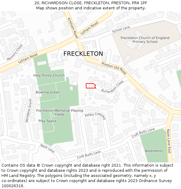20, RICHARDSON CLOSE, FRECKLETON, PRESTON, PR4 1PF: Location map and indicative extent of plot