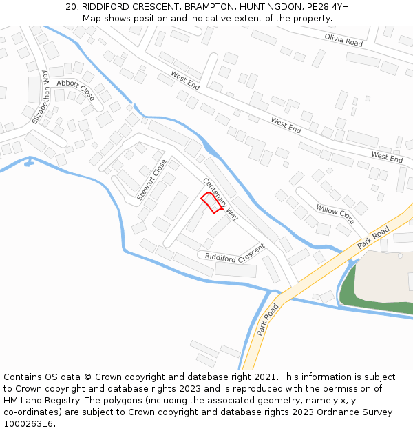 20, RIDDIFORD CRESCENT, BRAMPTON, HUNTINGDON, PE28 4YH: Location map and indicative extent of plot