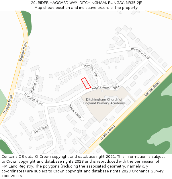 20, RIDER HAGGARD WAY, DITCHINGHAM, BUNGAY, NR35 2JF: Location map and indicative extent of plot