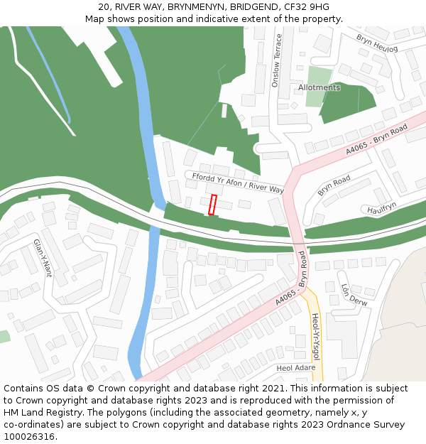 20, RIVER WAY, BRYNMENYN, BRIDGEND, CF32 9HG: Location map and indicative extent of plot