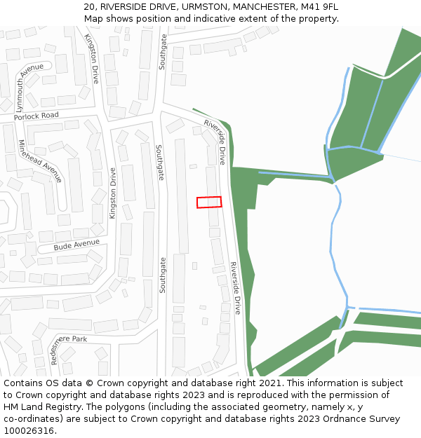 20, RIVERSIDE DRIVE, URMSTON, MANCHESTER, M41 9FL: Location map and indicative extent of plot