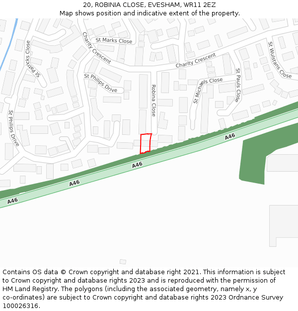 20, ROBINIA CLOSE, EVESHAM, WR11 2EZ: Location map and indicative extent of plot