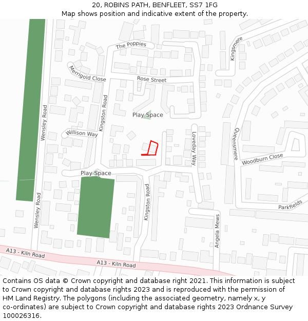 20, ROBINS PATH, BENFLEET, SS7 1FG: Location map and indicative extent of plot