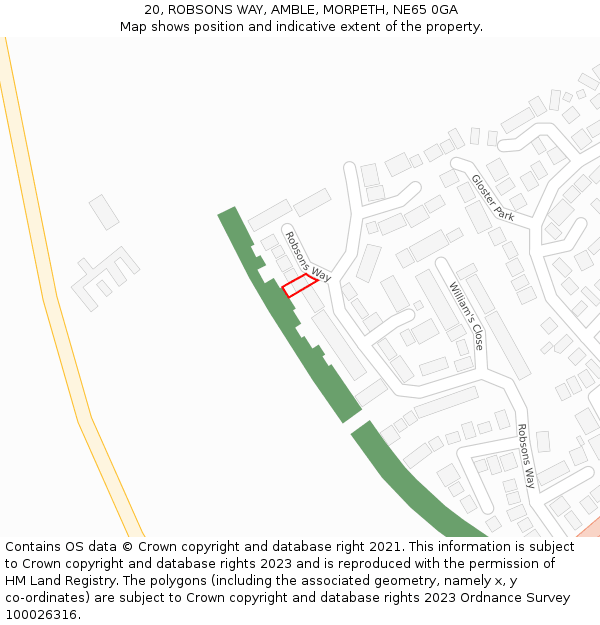 20, ROBSONS WAY, AMBLE, MORPETH, NE65 0GA: Location map and indicative extent of plot