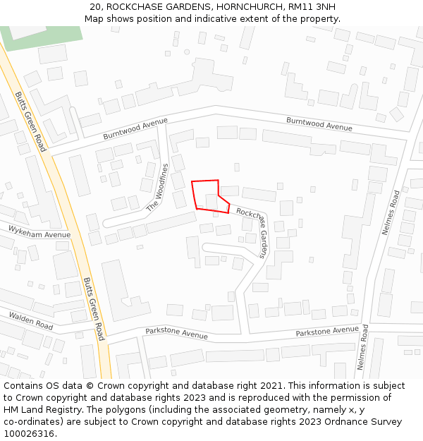 20, ROCKCHASE GARDENS, HORNCHURCH, RM11 3NH: Location map and indicative extent of plot