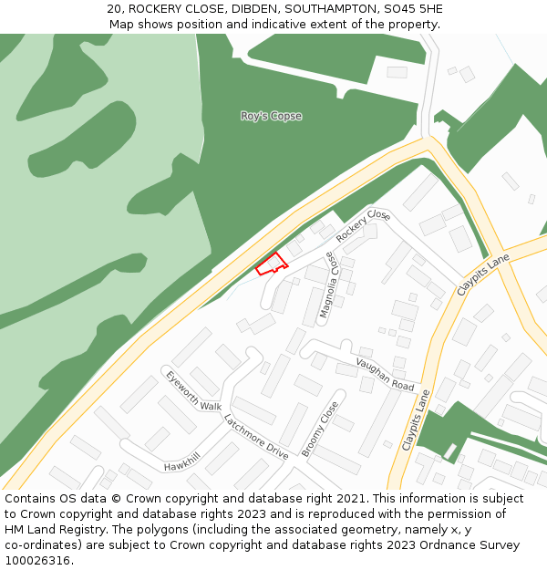 20, ROCKERY CLOSE, DIBDEN, SOUTHAMPTON, SO45 5HE: Location map and indicative extent of plot