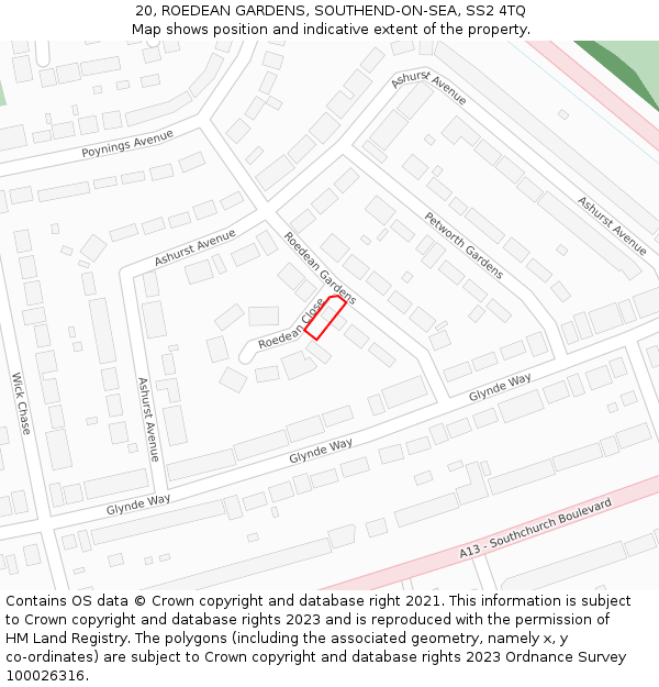 20, ROEDEAN GARDENS, SOUTHEND-ON-SEA, SS2 4TQ: Location map and indicative extent of plot