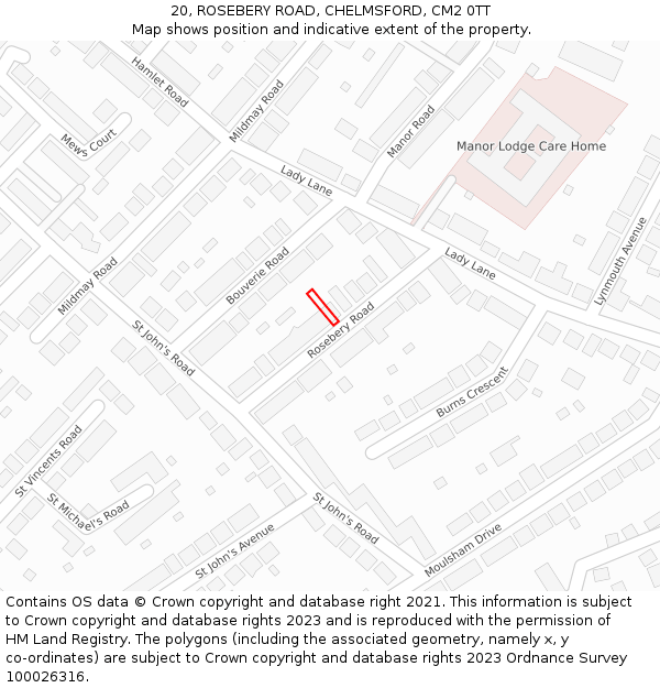 20, ROSEBERY ROAD, CHELMSFORD, CM2 0TT: Location map and indicative extent of plot